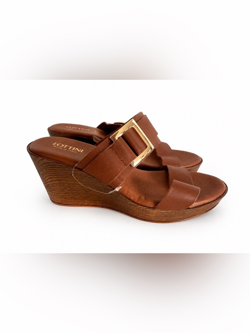 Lottini Italian Leather Brown Leather Wedge‎ Sandals Gold Buckle Slides shoes 9